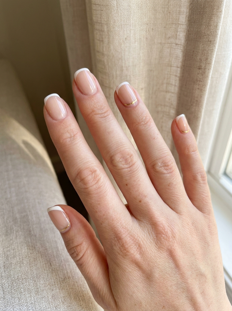Short French mit Gold Detail als Kurze French Nägel Inspiration 2026